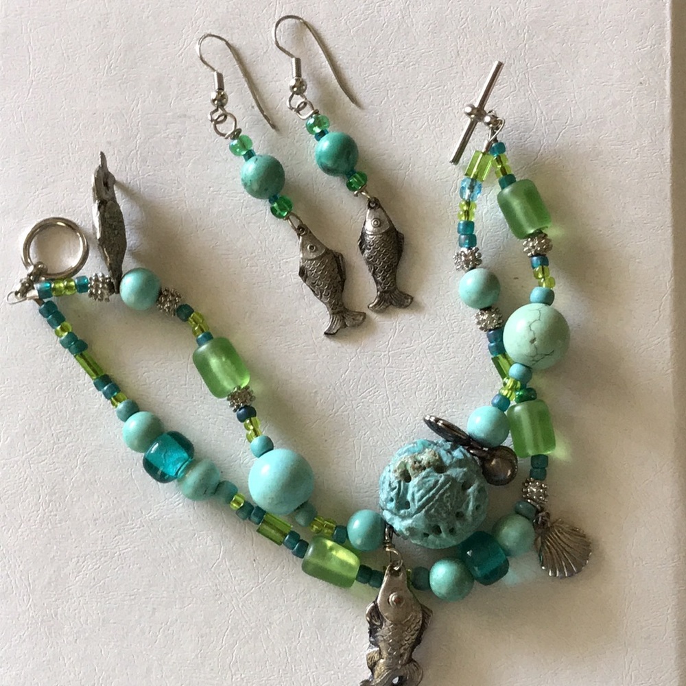 Turquoise & Glass Bead Chinese Silver Bracelet Set - Picture 5 of 9